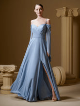 Elegant Blue Ribbon Wedding Bridesmaid Dress Off-Shoulder Gown